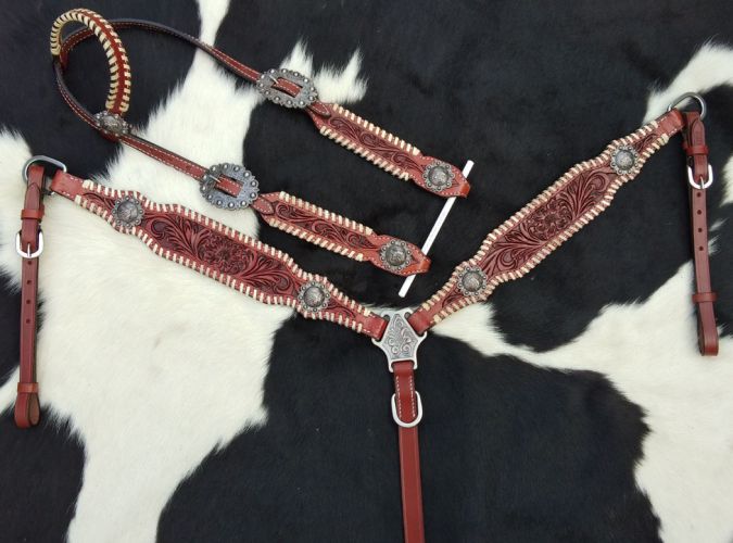 Showman One Ear Headstall and breast collar set with floral tooling and barrel racer conchos #2